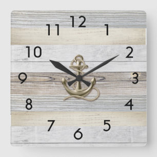 Rustic Driftwood Anchor Square Wall Clock Quadratische Wanduhr