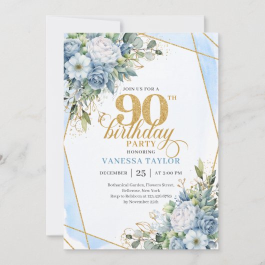 Rustic Dusty Blue 90th Birthday Floral Script   Einladung (Vorderseite)