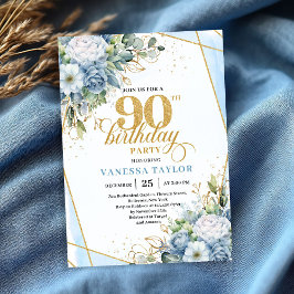 Rustic Dusty Blue 90th Birthday Floral Script Einladung
