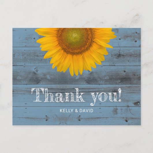 Rustic Dusty Blue Barn Wood Sunflower Vielen Dank Postkarte (Vorderseite)