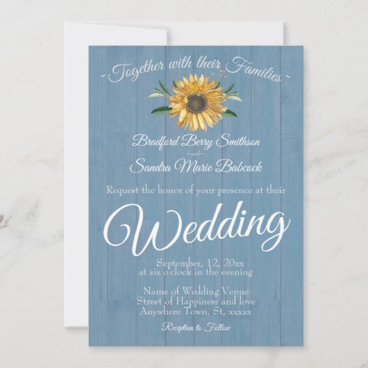 Rustic Dusty Blue Barn Wood Sunflower Wedding Einladung (Vorderseite)