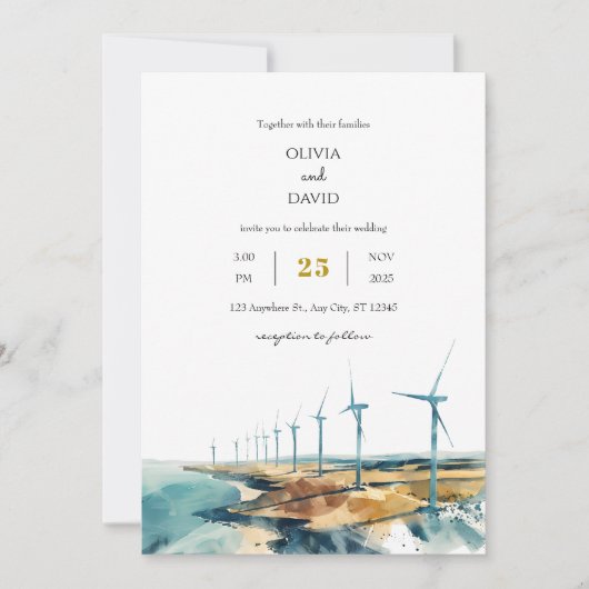 Rustic Dusty Blue Coastal Windmill Beachy Wedding Einladung (Vorderseite)