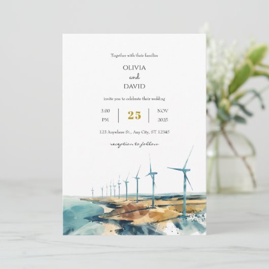 Rustic Dusty Blue Coastal Windmill Beachy Wedding Einladung (Stehend Vorderseite)