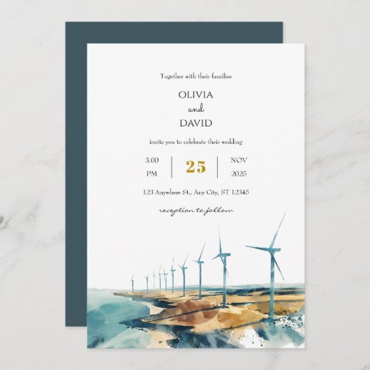 Rustic Dusty Blue Coastal Windmill Beachy Wedding Einladung (Vorne/Hinten)