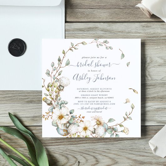 Rustic Dusty Blue Cream Floral Bridal Shower Einladung