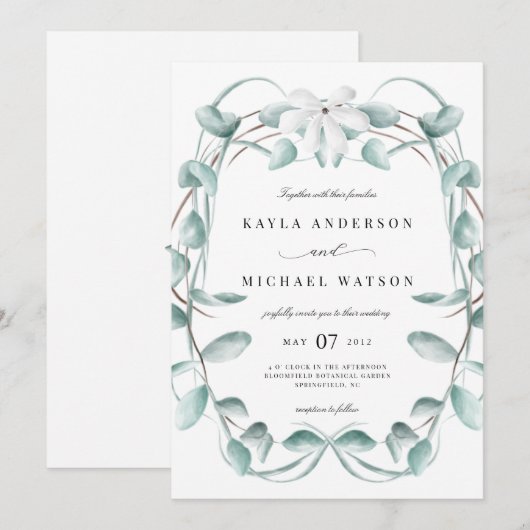 Rustic Dusty Blue Eukalyptus Greenerity Wedding Einladung (Vorne/Hinten)