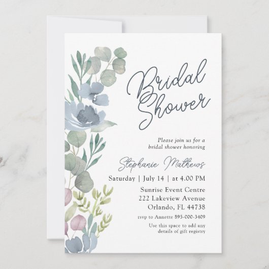 Rustic Dusty Blue Floral Bridal Shower Invitation Einladung (Vorderseite)