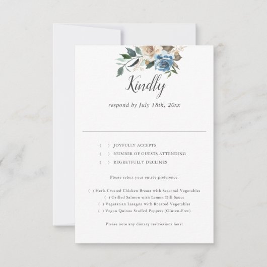 Rustic Dusty Blue Flowers Script Wedding RSVP (Vorderseite)
