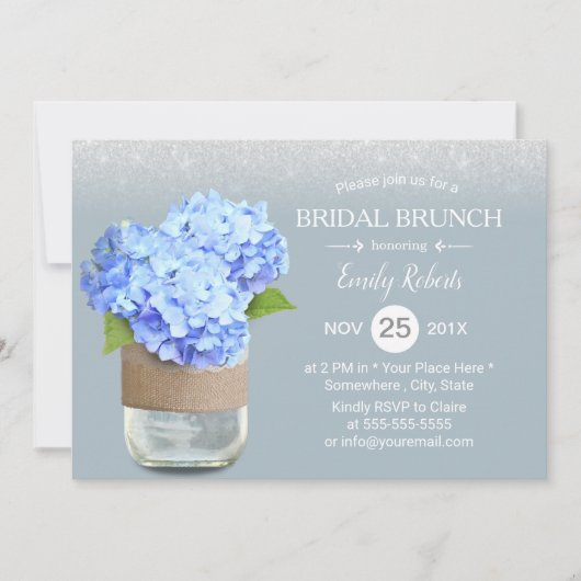 Rustic Dusty Blue Hydrangea Brautparty Brunch Einladung (Vorderseite)