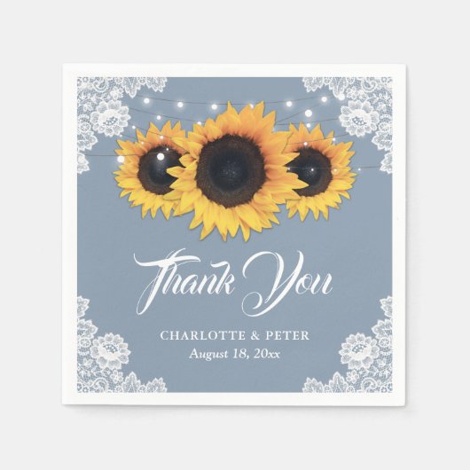 Rustic Dusty Blue Lace Sonnenblume Hochzeit Serviette (Vorderseite)