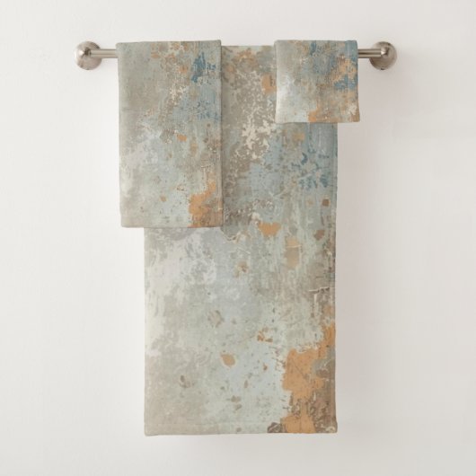 Rustic Dusty Blue Light Brown Abstract Farmhouse Badhandtuch Set (Insitu)