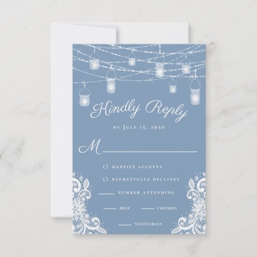 Rustic Dusty Blue Lights Wedding RSVP Card (Vorderseite)