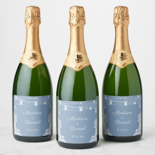 Rustic Dusty Blue Lights Wedding Sparkling Wine L Schaumweinetikett (Flaschen)