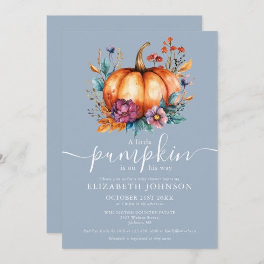 Rustic Dusty Blue Little Pumpkin Boy Baby Dusche Einladung (Vorne/Hinten)