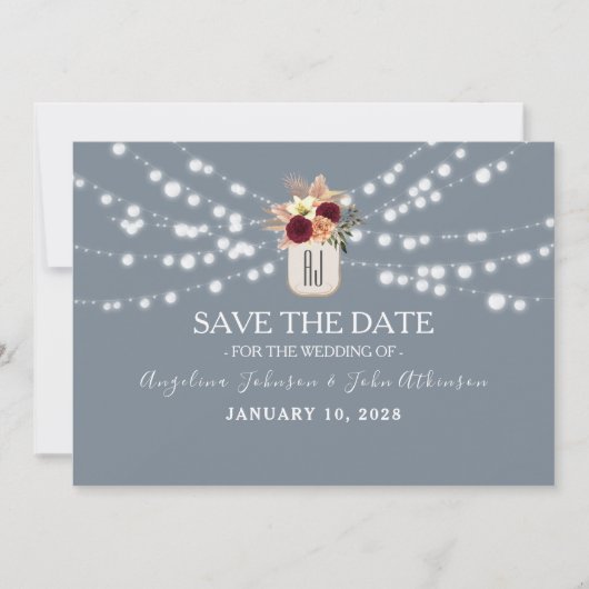 Rustic Dusty Blue Mason Jar Save the Date (Vorderseite)
