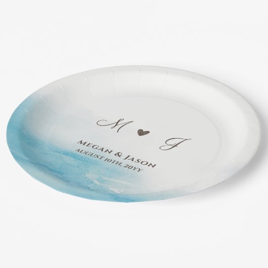 Rustic Dusty Blue Mit Monogramm Custom Wedding Pappteller (Schrägansicht)