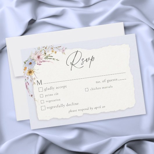Rustic Dusty Blue Romantic Wildflower Wedding RSVP Karte