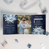 Rustic Dusty Blue Rose Foto Navy Blue Wedding Dreifach Gefaltete Einladung