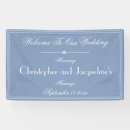 Rustic Dusty Blue Script Name Chic Wedding Willkom Banner (Horizontal)