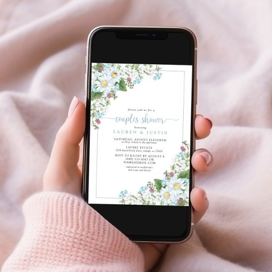 Rustic Dusty Blue Script Wildblume Paare Dusche Einladung