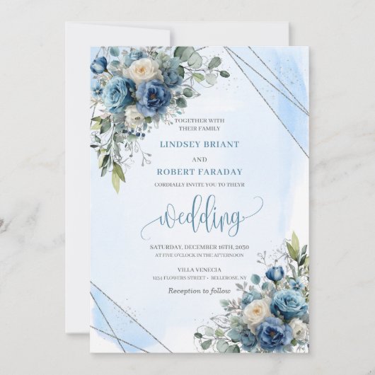 Rustic Dusty Blue Silver Floral Wedding Einladung (Vorderseite)