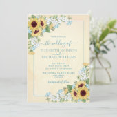 Rustic Dusty Blue Sonnenblume Foto Hochzeit Einladung (Stehend Vorderseite)