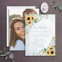 Rustic Dusty Blue Sonnenblume Foto Hochzeit Einladung