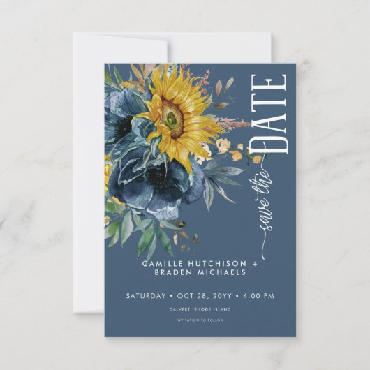 Rustic Dusty Blue Sonnenblumen Hochzeit Save The Date (Vorderseite)