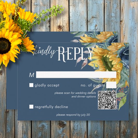 Rustic Dusty Blue Sunflowers Wedding QR Code RSVP Karte