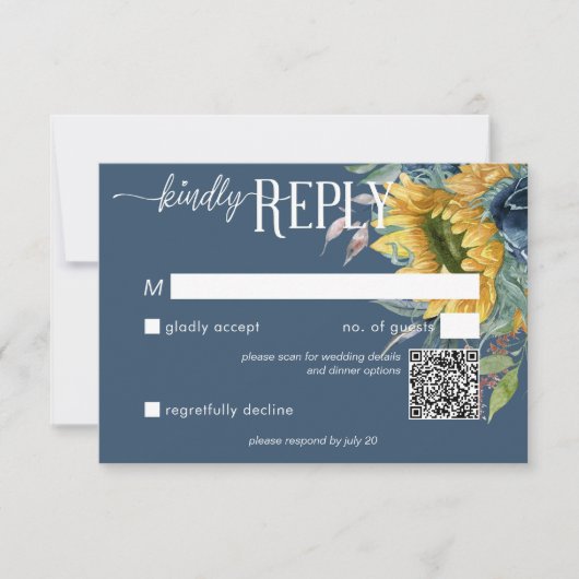Rustic Dusty Blue Sunflowers Wedding QR Code RSVP Karte (Vorderseite)