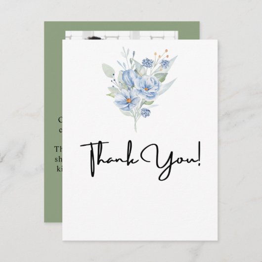 rustic dusty blue watercolor flowers & leaves dankeskarte (Vorne/Hinten)