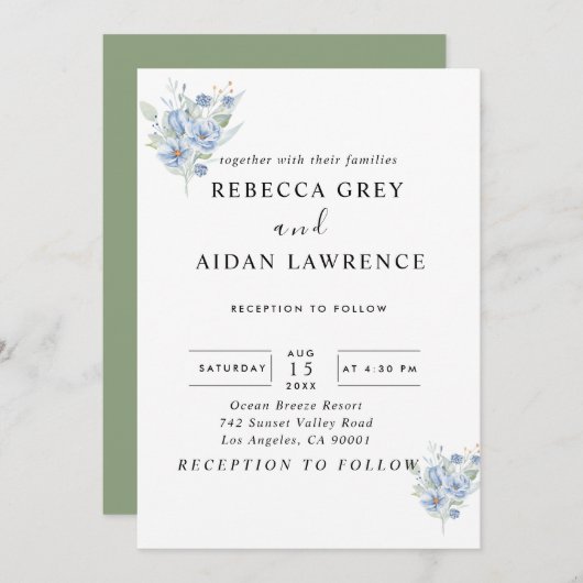 rustic dusty blue watercolor flowers & leaves einladung (Vorne/Hinten)