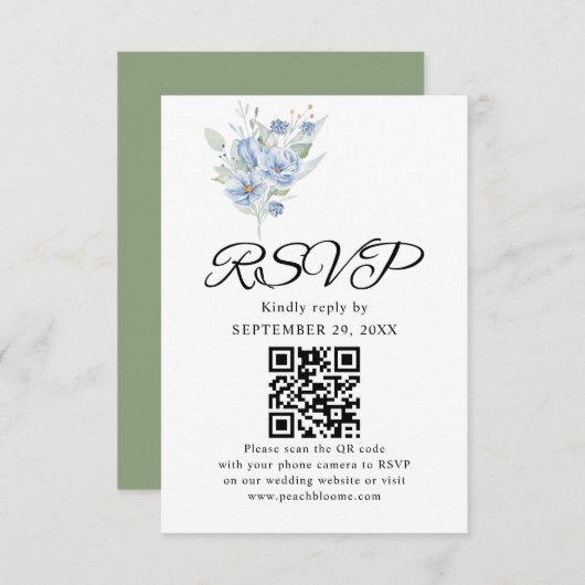 rustic dusty blue watercolor flowers & leaves RSVP karte (Vorne/Hinten)