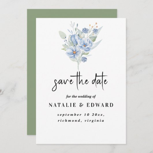 rustic dusty blue watercolor flowers & leaves save the date (Vorne/Hinten)