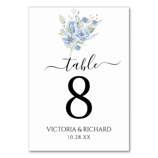 rustic dusty blue watercolor flowers & leaves tischnummer (Vorderseite)