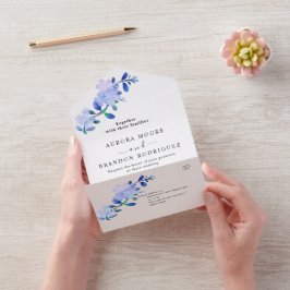 rustic dusty blue watercolor-style flower & leaves all in one einladung