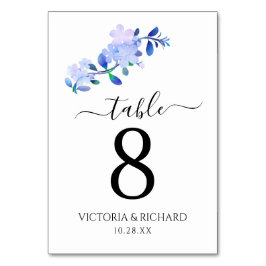 rustic dusty blue watercolor-style flower & leaves tischnummer