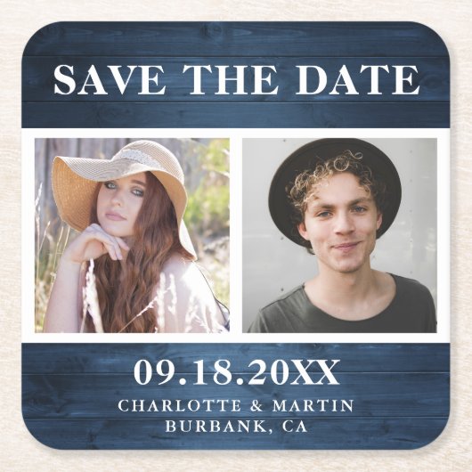 Rustic Dusty Blue Wedding 2 Foto Save the Date Rechteckiger Pappuntersetzer (Vorderseite)