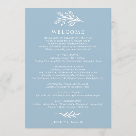 Rustic Dusty Blue Wedding Itinerary - Willkommen Programm (Vorderseite)