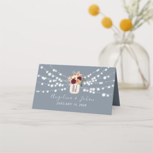 Rustic Dusty Blue Wedding Platzkarte (Rückseite)