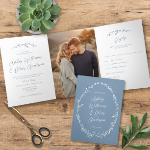 Rustic Dusty Blue Wildblume Boho Foto Wedding Dreifach Gefaltete Einladung