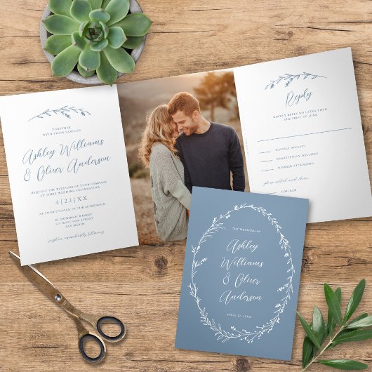 Rustic Dusty Blue Wildblume Boho Foto Wedding Dreifach Gefaltete Einladung