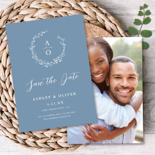 Rustic Dusty Blue Wildblume + Foto Save the Date Einladung