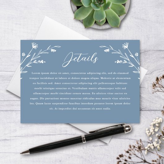 Rustic Dusty Blue Wildblume Hochzeitdetails Begleitkarte