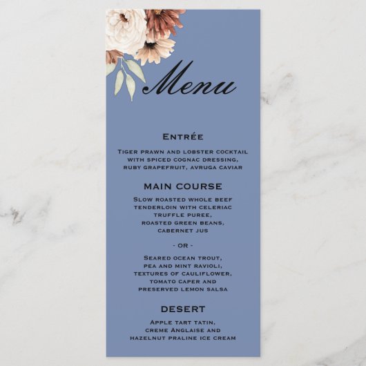 Rustic Dusty Blue Wildblume Wedding Menükarte (Vorderseite)