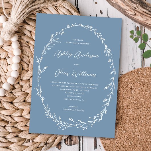 Rustic Dusty Blue Wildblume Wreath Wedding Einladung