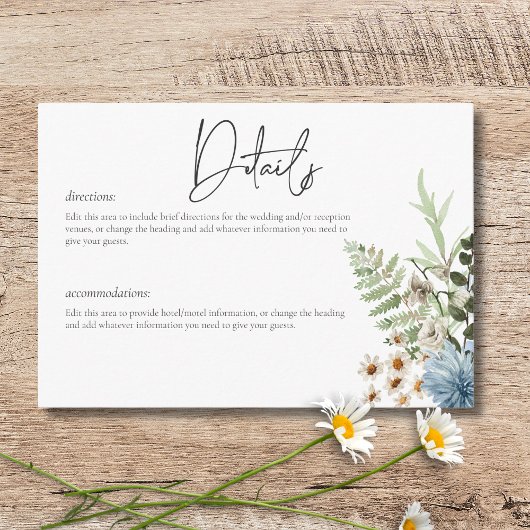 Rustic Dusty Blue Wildblumen & Daisies Details Begleitkarte