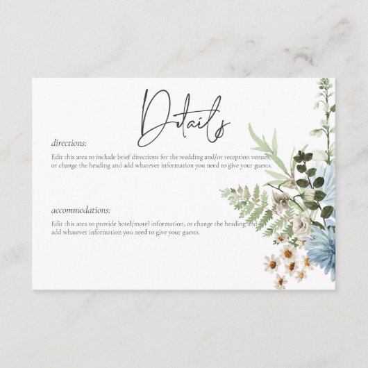 Rustic Dusty Blue Wildblumen & Daisies Details Begleitkarte (Vorderseite)