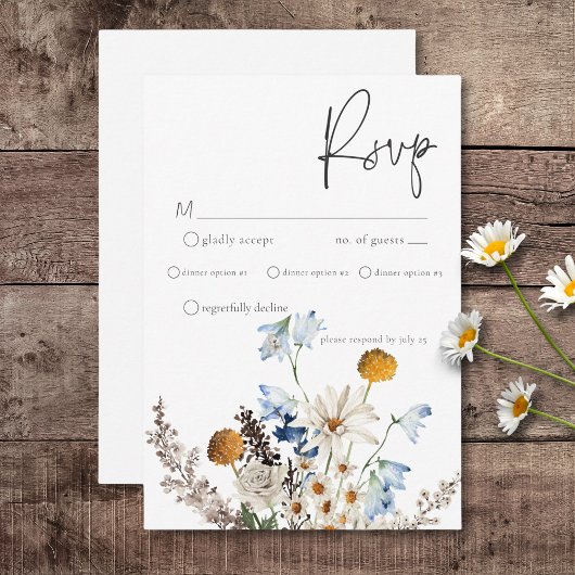 Rustic Dusty Blue Wildblumen & Daisies Dinner RSVP Karte
