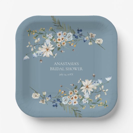 Rustic Dusty Blue Wildblumen & Daisies Dusche Pappteller (Vorderseite)